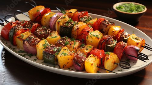 A platter of fish kebabs with skewered fish chunks UHD wallpaper Stock Photographic Image