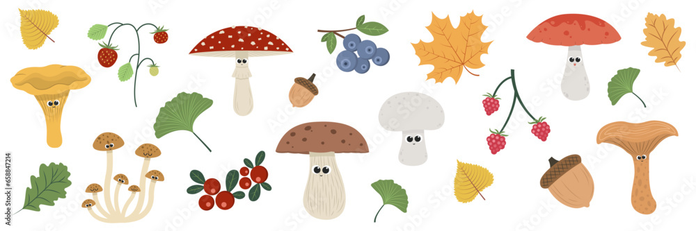 Set of cute mushrooms, autumn leaves and berries on white background Set of cute mushrooms, autumn leaves and berries on white background