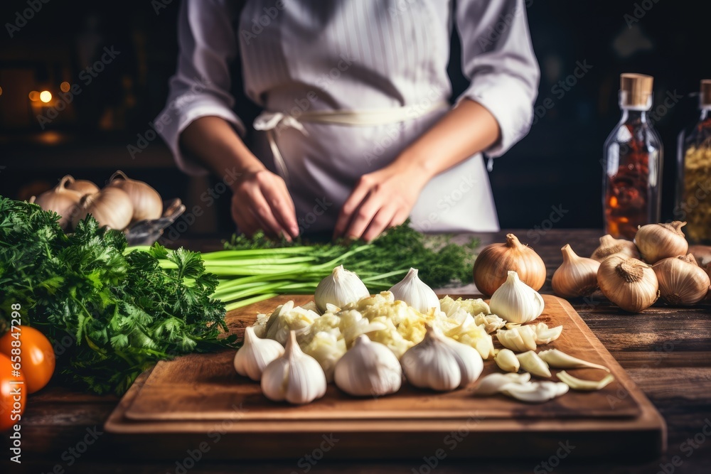 Chef preparing cutting vegetables and preparing food on cutting board in the kitchen background.