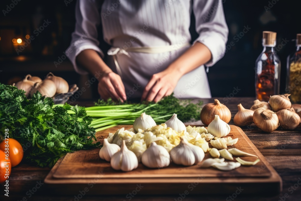 Chef preparing cutting vegetables and preparing food on cutting board in the kitchen background. Chef preparing cutting vegetables and preparing food on cutting board in the kitchen background.