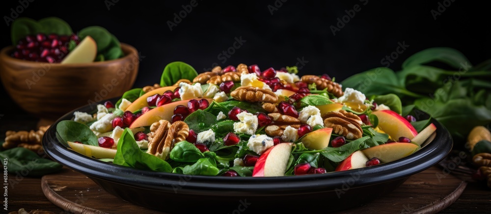 Fresh baby spinach red apple cranberry walnuts and feta cheese in a homemade salad With copyspace for text