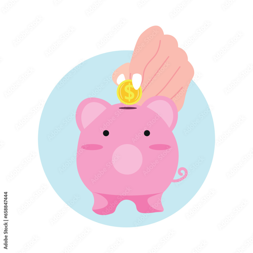 Fototapeta premium Hand inserting golden coins into piggy bank on white background