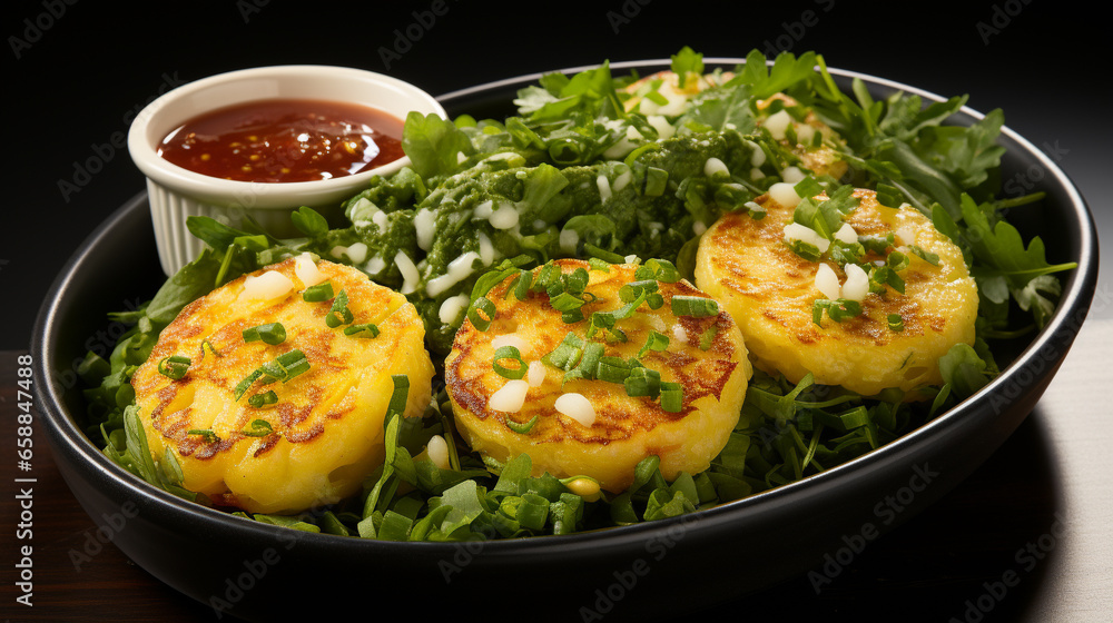 A platter of pea and corn fritters with crispy UHD wallpaper Stock Photographic Image A platter of pea and corn fritters with crispy UHD wallpaper Stock Photographic Image