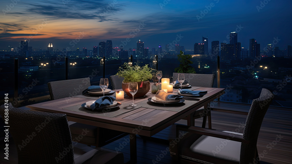 Dining table with beautiful city view on rooftop at twilight scene