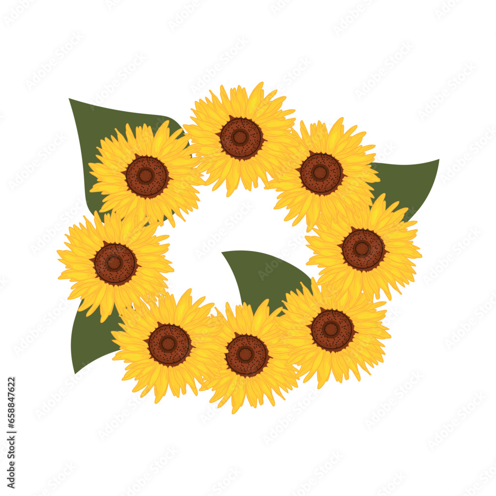 Beautiful sunflower wreath on white background