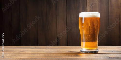 Glass beer on wood background with copy space