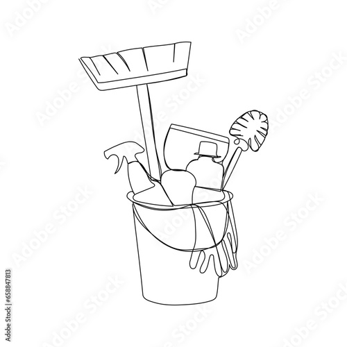 Bucket with washing supplies in continuous one line art style. Cleaning service concept. Simple vector illustration