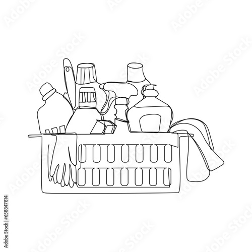 Basket with washing supplies in continuous one line art style. Cleaning service concept. Simple vector illustration