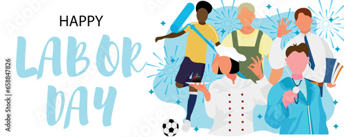 Greeting card for Happy Labor Day with many workers of different professions