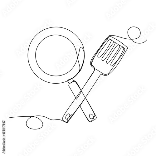 Frying pan and kitchen spatula in continuous one line art style. Simple vector illustration