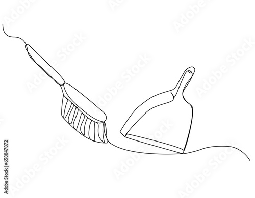 Cleaning dustpan and brush in continuous one line art style. Simple vector illustration