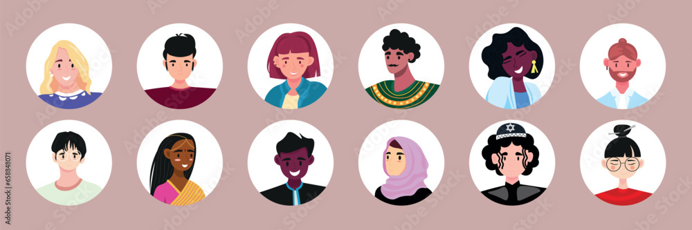 Fototapeta premium Set of different multiracial people on grey background