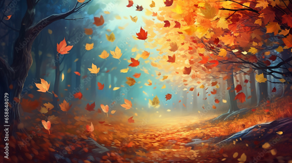 Falling colorful leaves in autumn outside on a background Generated with AI Tool - obrazy, fototapety, plakaty 