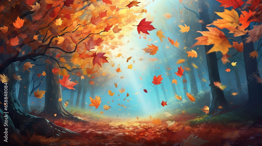 Falling colorful leaves in autumn outside on a background Generated with AI Tool - obrazy, fototapety, plakaty 
