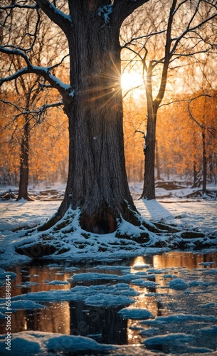 Trees in snow and sunlight