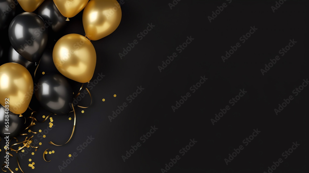 Black and gold baloon on black background with copy space. Black and gold baloon on black background with copy space.