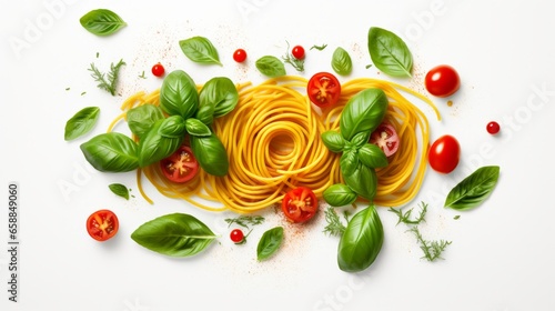Spaghetti with Basil and Tomatoes on White Background