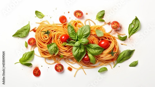 Spaghetti with Basil and Tomatoes on White Background