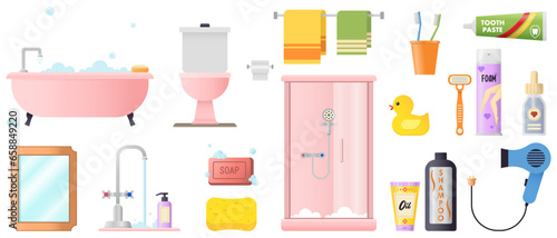 Collage of sanitaryware with cosmetics and essentials on white background