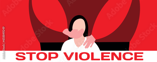 Woman subjected to violence and text STOP VIOLENCE on red background