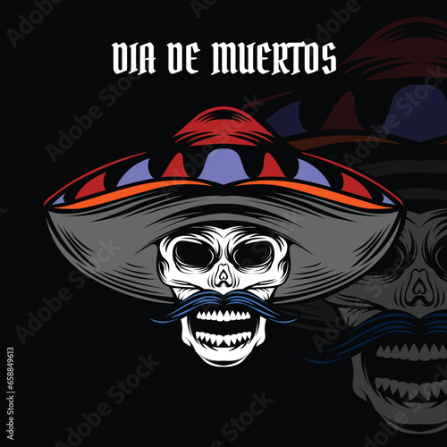 hand drawn skull with elegant dia de muertos event shape