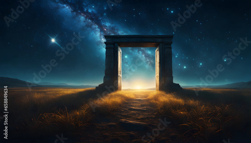 A majestic castle gate on a pathway to another dimension. photo