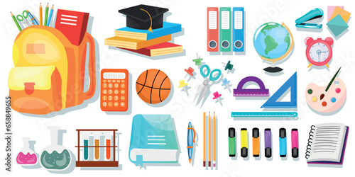 Set of school accessories on white background