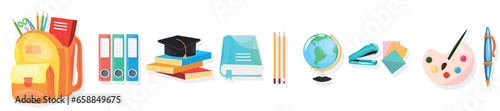 Set of school accessories on white background