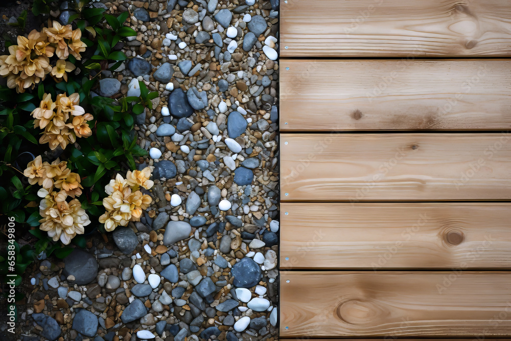 deck planks right frame with gravel and flowers on the left deck planks right frame with gravel and flowers on the left