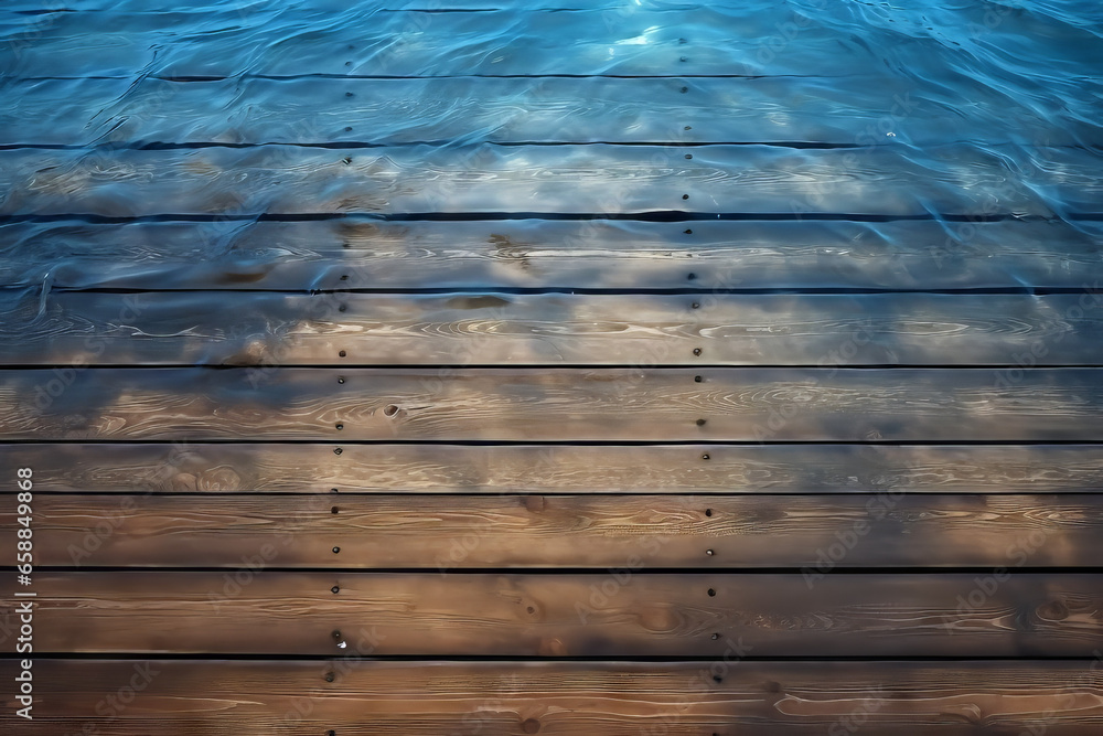 thin pier planks partially covered by blue water - obrazy, fototapety, plakaty 