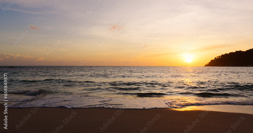 Amazing scene sunset tropical beach sea. New normal after covid-19. Phuket Thailand beautiful tropical beach with a sunset sky. Beautiful Phuket beach is a famous tourist destination in Andaman sea 