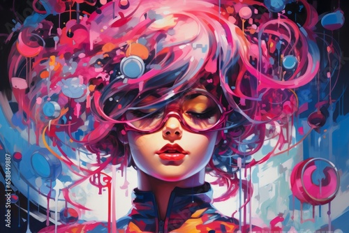 exploring a vibrant futurism with a girl and colorful hair, Generative AI