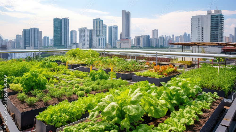 Rooftop garden, Rooftop vegetable garden, Growing vegetables on the rooftop of the building, Agriculture in urban on the rooftop of the building Rooftop garden, Rooftop vegetable garden, Growing vegetables on the rooftop of the building, Agriculture in urban on the rooftop of the building
