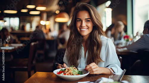 Woman eating food in the restaurant