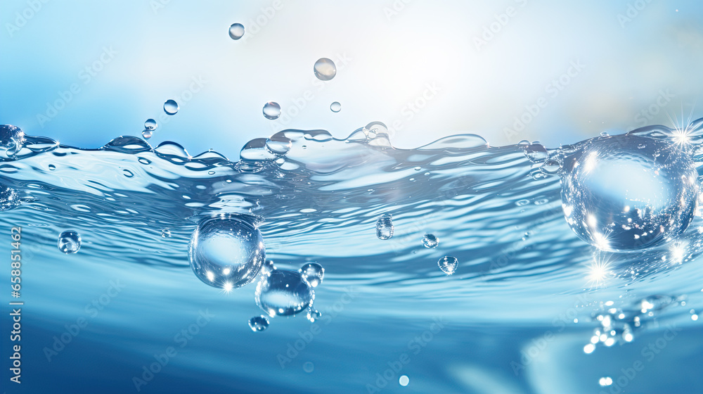 Blurry blue water surface with bubbles and splashes Nature background with sunlight and space for text Blurry blue water surface with bubbles and splashes Nature background with sunlight and space for text