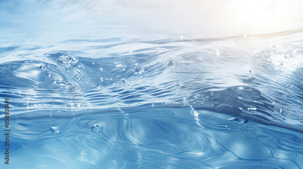 Blurry blue water surface with bubbles and splashes Nature background with sunlight and space for text