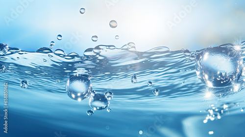 Blurry blue water surface with bubbles and splashes Nature background with sunlight and space for text