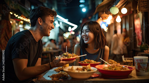 Young Asian couple traveler tourists eating Thai street food together in China town night market in Bangkok in Thailand - people traveling enjoying food culture concept © Sasint