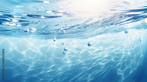 Blurry blue water surface with bubbles and splashes Nature background with sunlight and space for text © Ziyan Yang