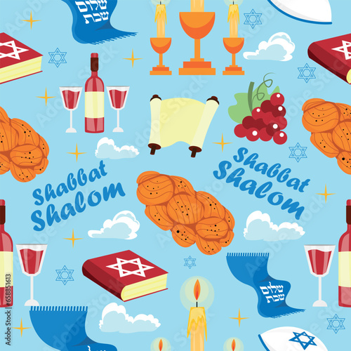 Text SHABBAT SHALOM with symbols on light blue background. Pattern for design