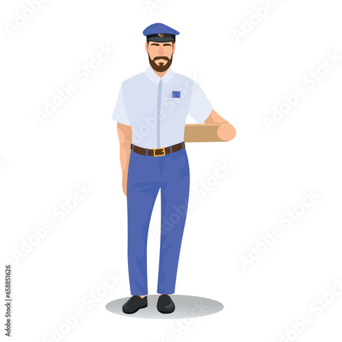 Postman with parcel on white background