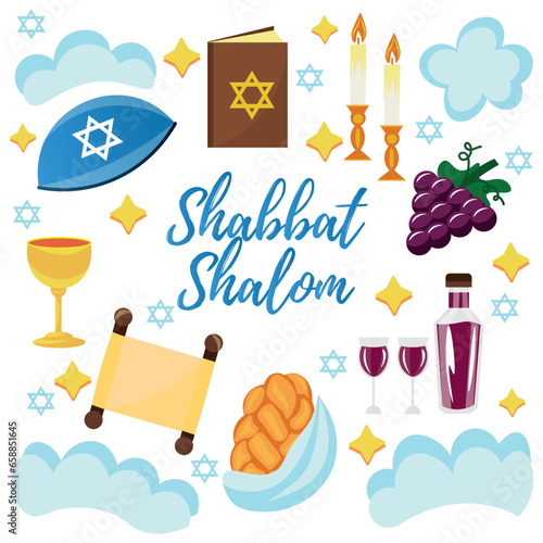Banner for Shabbat Shalom with symbols on white background