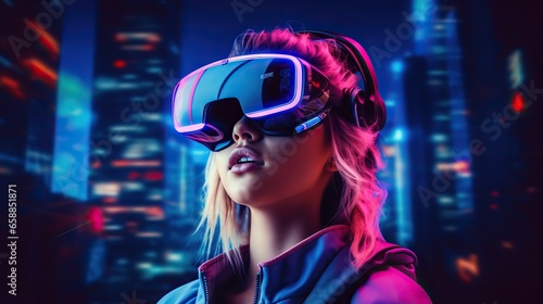 Woman in futuristic costume. Females in modern VR glasses interact with the network while having virtual reality experience. Augmented reality game, future technology, VR. Neon blue light.