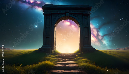 Majestic Gateway to Another Dimension: a Celestial Castle in the Night Sky photo