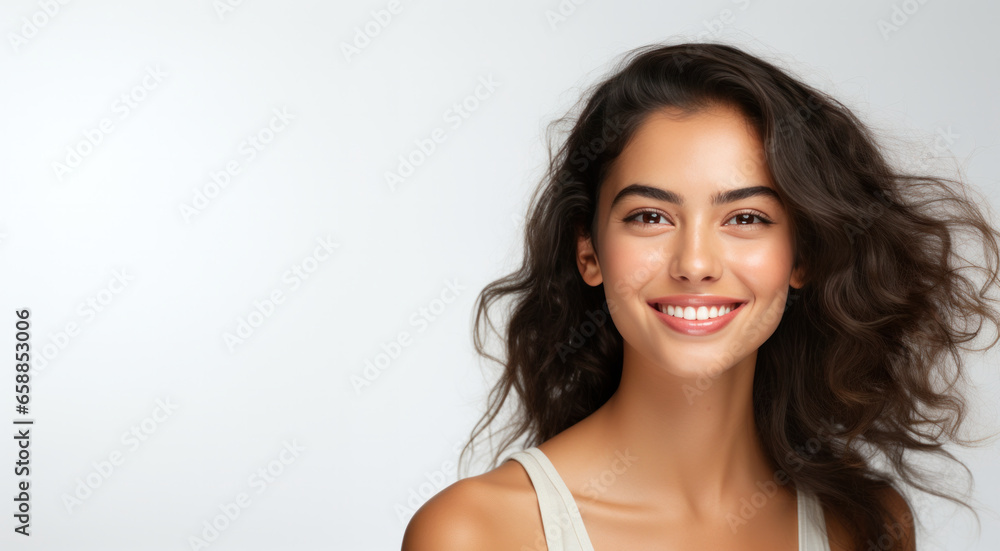 A smiling young woman wearing a white singlet A smiling young woman wearing a white singlet