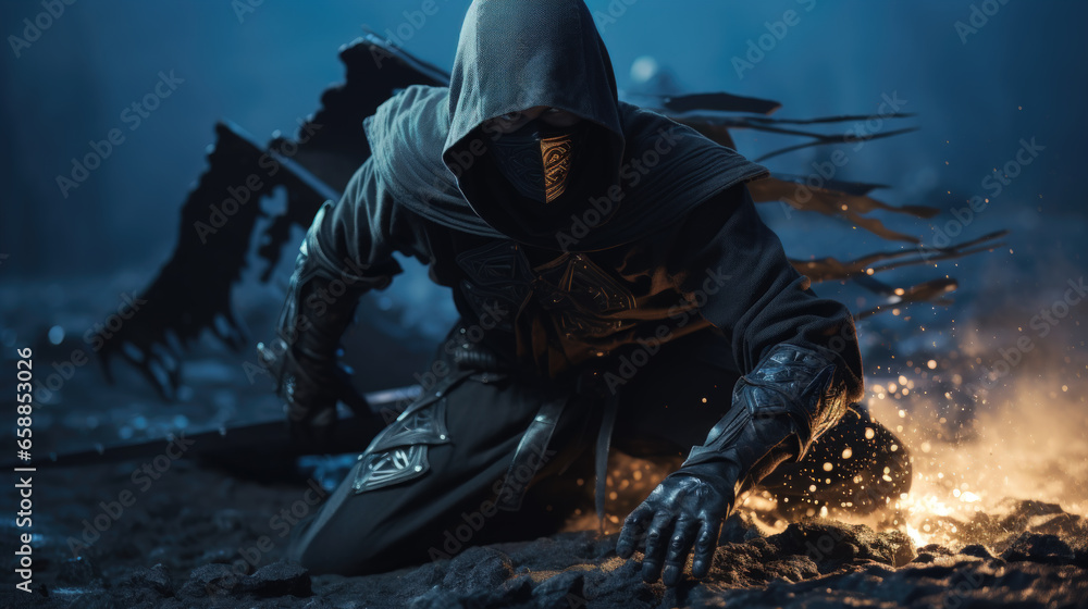 Fototapeta premium Ninja in the Dark A Stealthy Warrior in the Moonlight