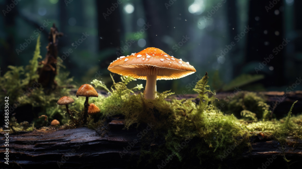 Fototapeta premium The life of a mushroom on a green and soft log