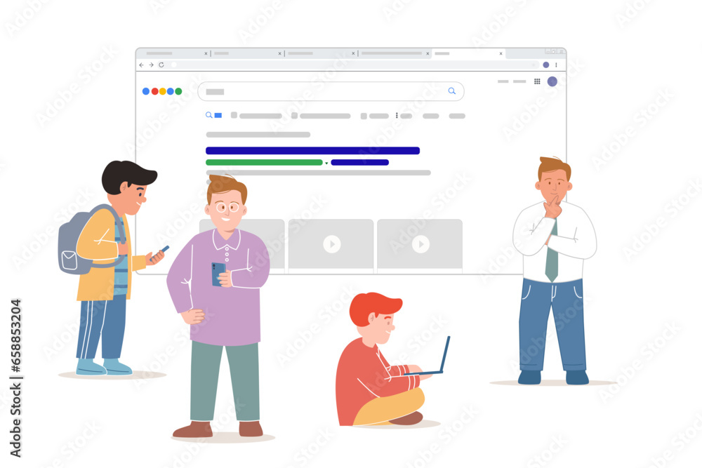 Search engine result page SEO large screen team people using smartphone and laptop looking for answer Search engine result page SEO large screen team people using smartphone and laptop looking for answer