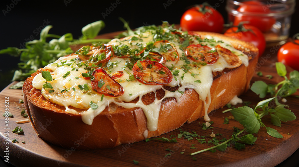 A slice of garlic bread topped with melted cheese UHD wallpaper Stock Photographic Image A slice of garlic bread topped with melted cheese UHD wallpaper Stock Photographic Image
