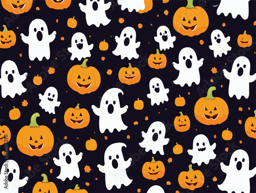 Cute halloween ghosts and pumpkins repeating pattern in vestor illustration. Friendly Ghosts and Pumpkin Palooza